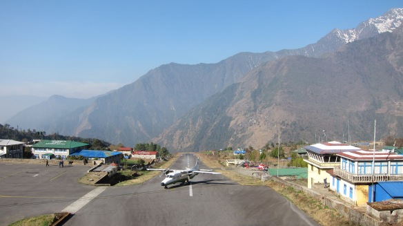 The plane carrying the second half of our group taxis to a stop at Lukla airport.